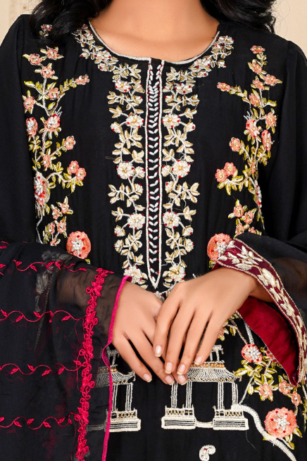 Ronaq (3 Piece) - Embroidered Chiffon Shirt, Trouser & Duppatta