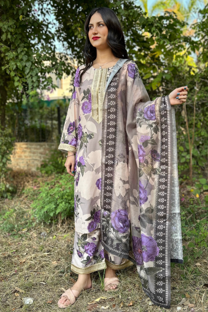 Lilac (3 Piece) - Printed Shirt, Trouser with Dupatta