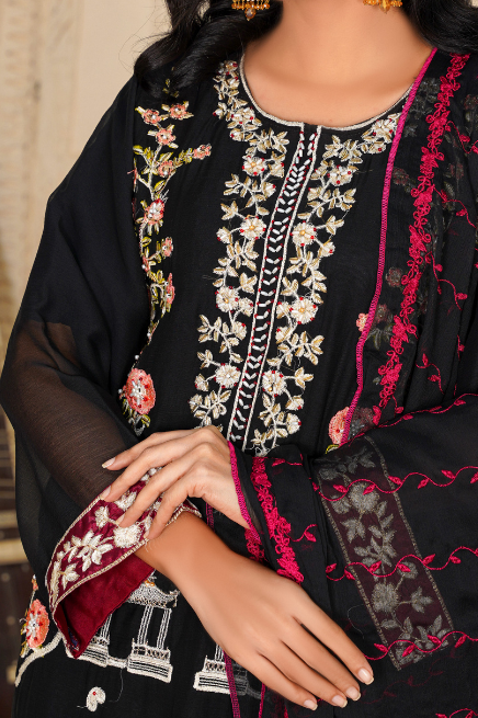 Ronaq (3 Piece) - Embroidered Chiffon Shirt, Trouser & Duppatta