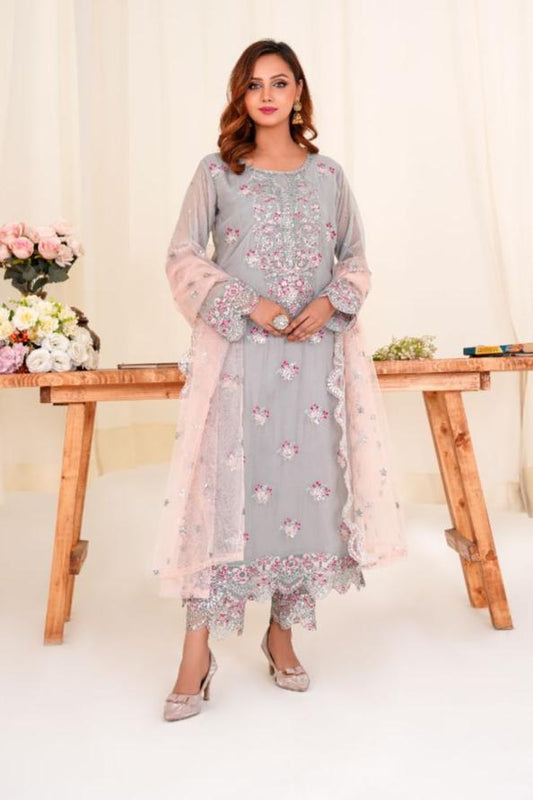 Jazmin (3 Piece) - Embroidered Chiffon Shirt & Trouser with Net Dupatta