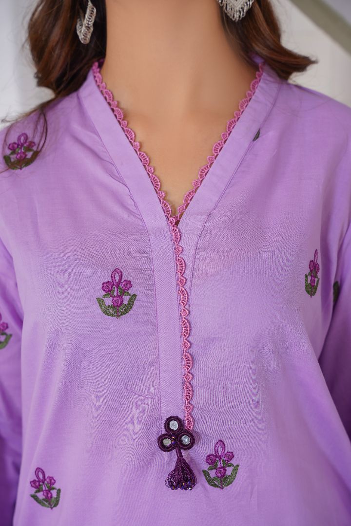 Lavender (2 Piece) - Embroidered Lawn Shirt & White Trouser