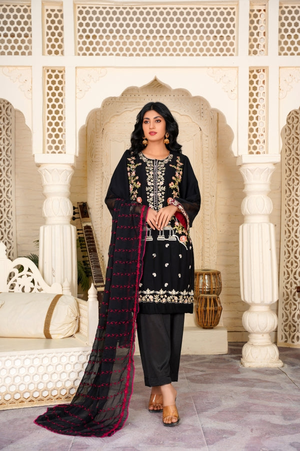 Ronaq (3 Piece) - Embroidered Chiffon Shirt, Trouser & Duppatta