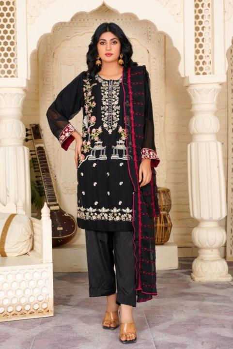 Ronaq (3 Piece) - Embroidered Chiffon Shirt, Trouser & Duppatta