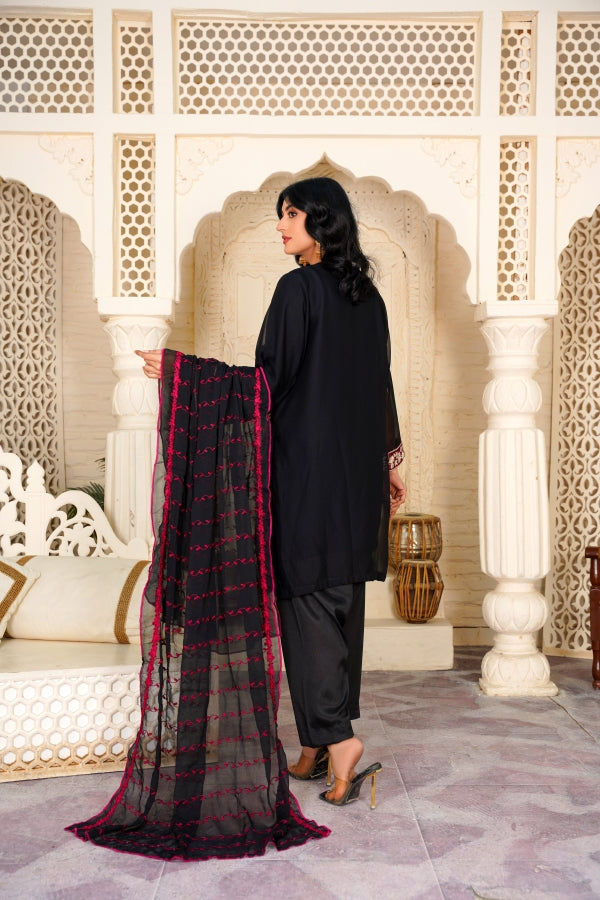 Ronaq (3 Piece) - Embroidered Chiffon Shirt, Trouser & Duppatta