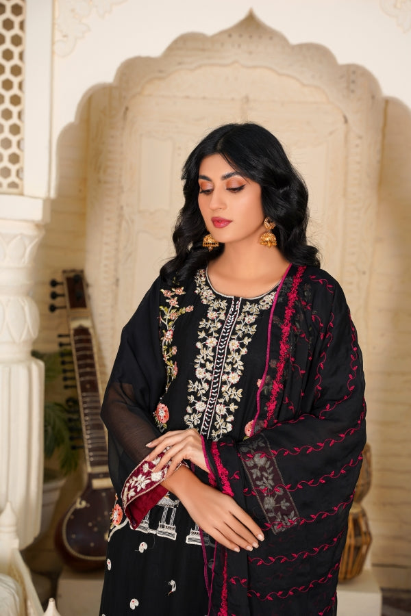 Ronaq (3 Piece) - Embroidered Chiffon Shirt, Trouser & Duppatta